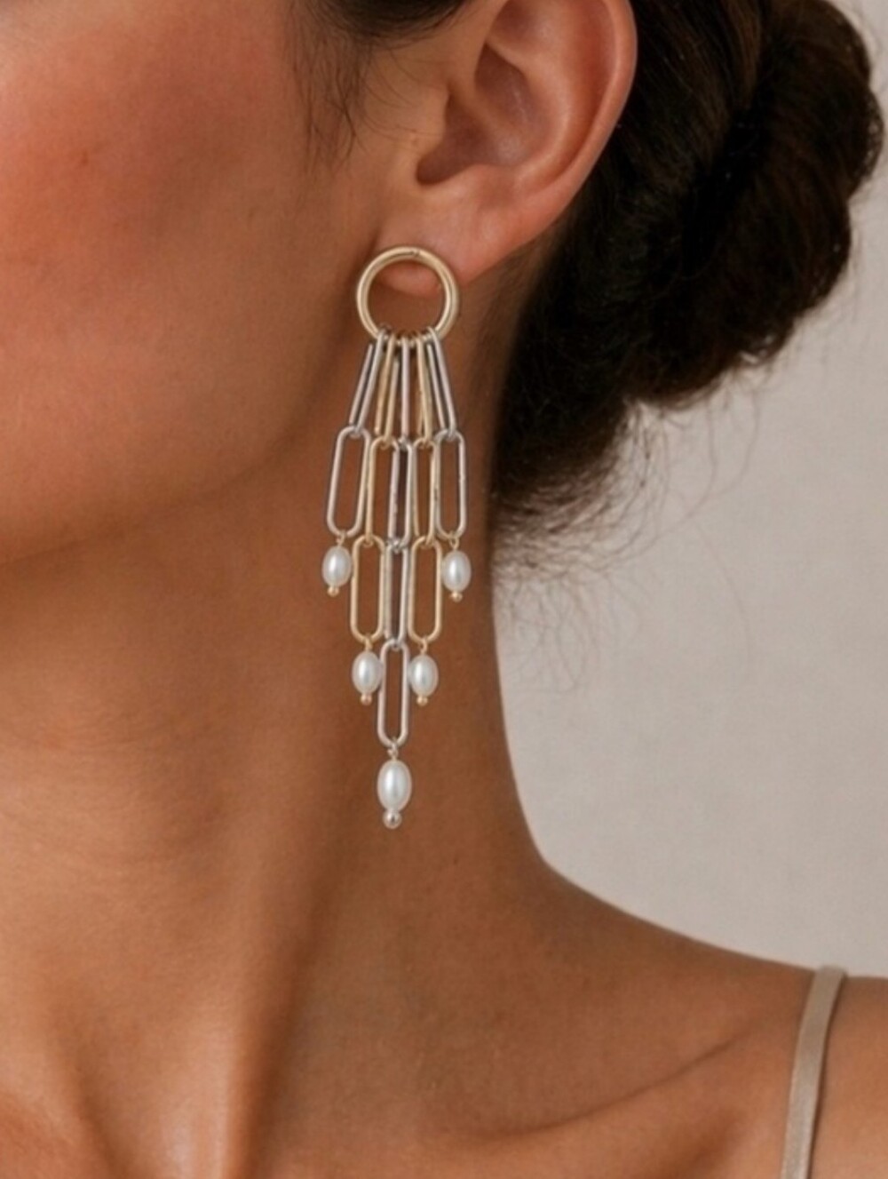 Plunder Two-Tone Paperclip Style Fringe Earrings with Faux Pearl Drops NEW!